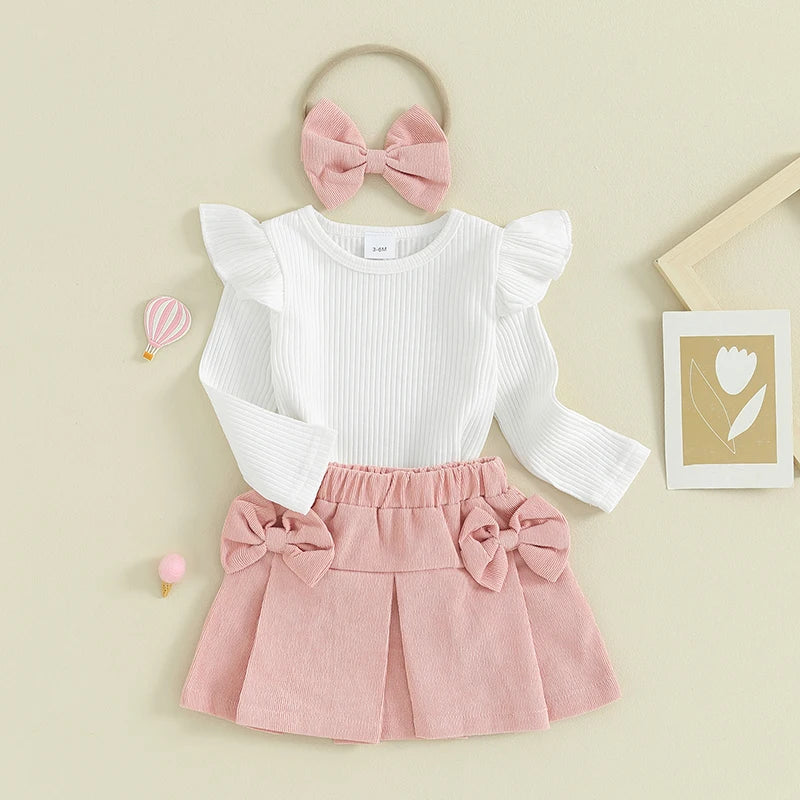 Toddler Baby Girl Outfit Flying Sleeve Ribbed Sweatshirt Corduroy Skirt Headband Set Infant Fall Outfits