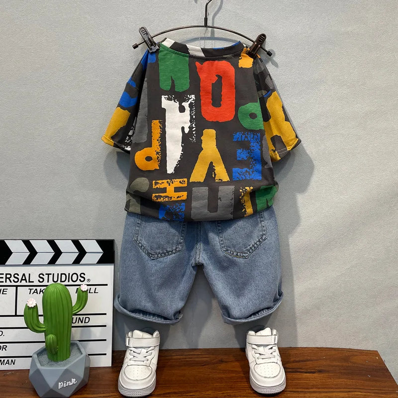 New Kids Clothing Boy Summer Clothes Sets Letter Short Sleeve T-shirt + Shorts 2Pcs Suit Cotton Boys Outfit Set 2 4 6 8 10 Years