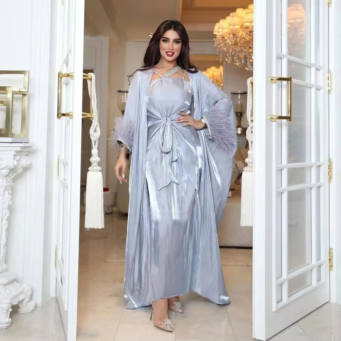 Ramadan Middle East Muslim Women's Feather Hot Diamond Three Piece Dress Islamic Robe