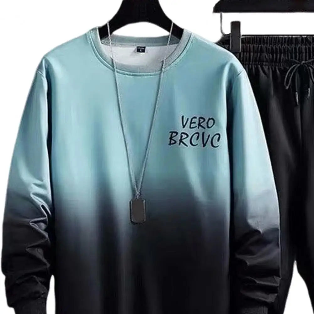 Men Suit with Long Sleeve Top Men Two-piece Suit Elastic Waist Pants Men's Gradient Contrast Color Tracksuit Set for Hop Sports