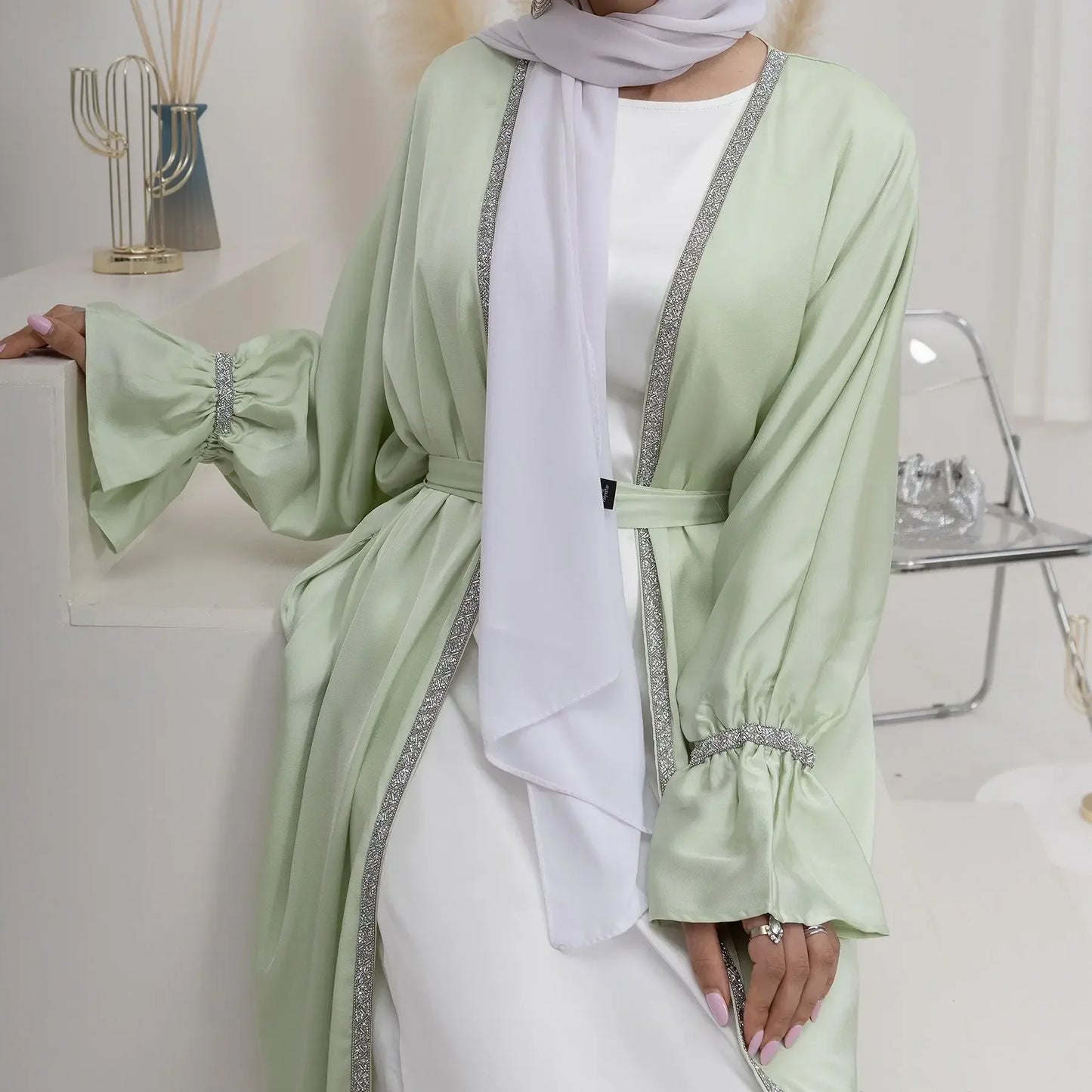 Satin Abaya Kimono Plain Flare Sleeve Beads Abayas for Women Dubai Luxury Turkey Muslim Dress Islamic Clothing Kaftan