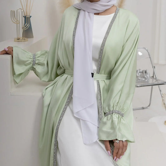 Satin Abaya Kimono Plain Flare Sleeve Beads Abayas for Women Dubai Luxury Turkey Muslim Dress Islamic Clothing Kaftan