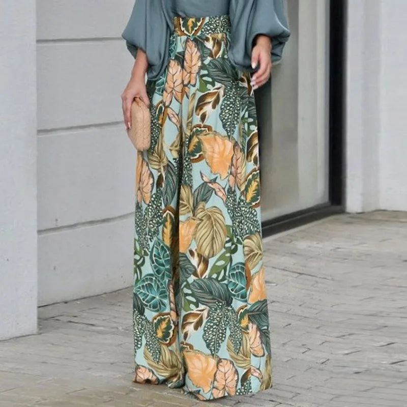 Summer Elegant Women's Leisure Fashion Set  Women's New Lantern Sleeves Loose Solid Tops Printed Wide Legs 2 Piece Set S-3XL