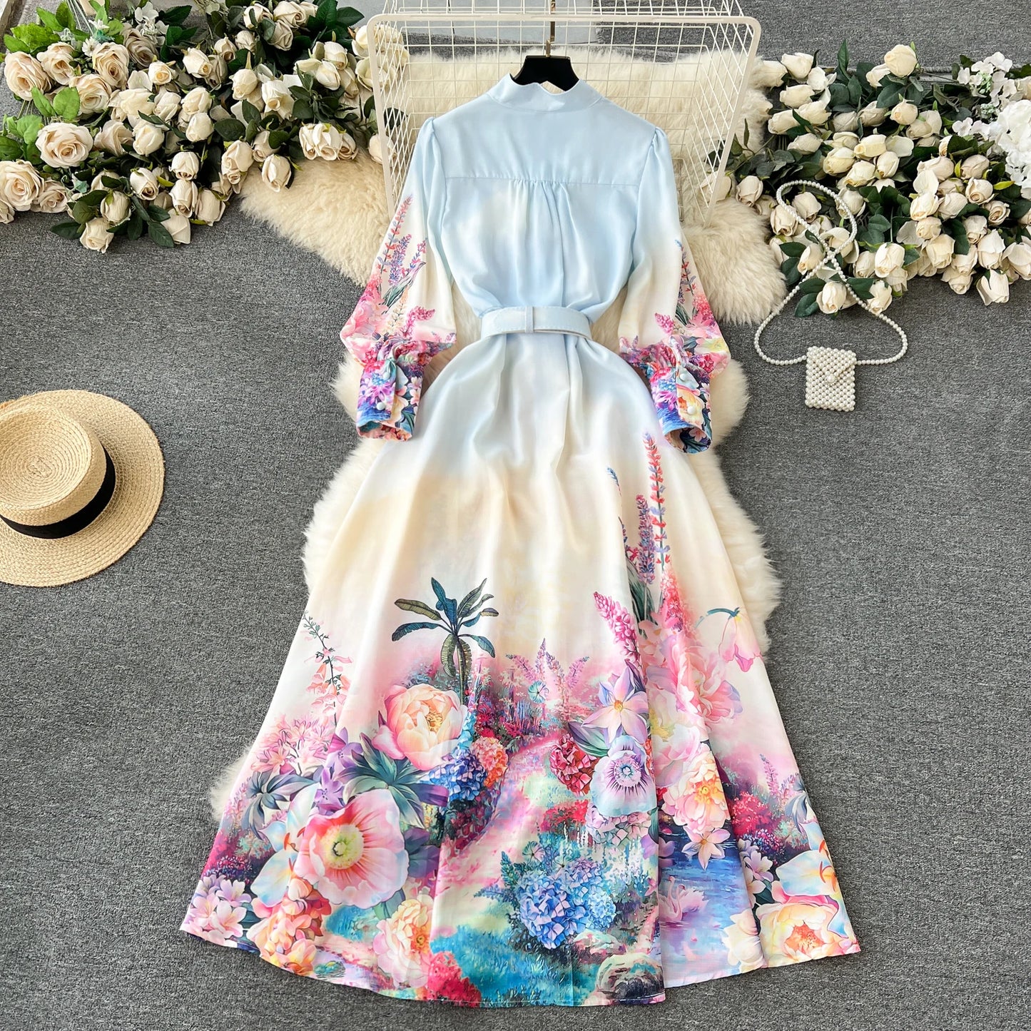 Floral Series Sweet Ruffled Print Belted Long Dress French Holiday Style Elegant Office Party Maxi Dress
