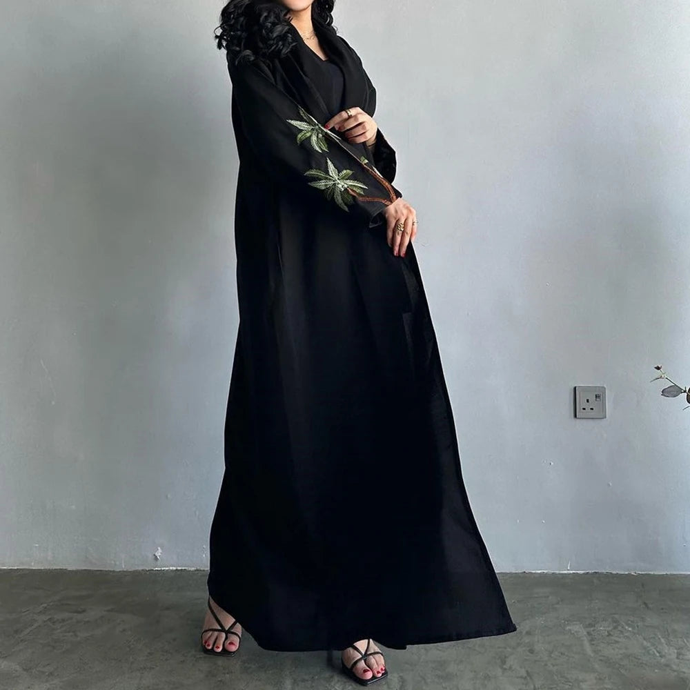 New Black Casual Open Kimono Abaya For Muslim Women Ramadan Eid Jalabiya Embroidery Long Sleeve Robe
