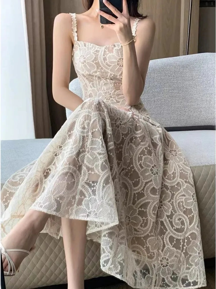 Sleeveless Casual A-Line Lace Women Summer Dress Strap Elegant Chic Solid Party Birthday Prom Robe Female Vestidos Mujers