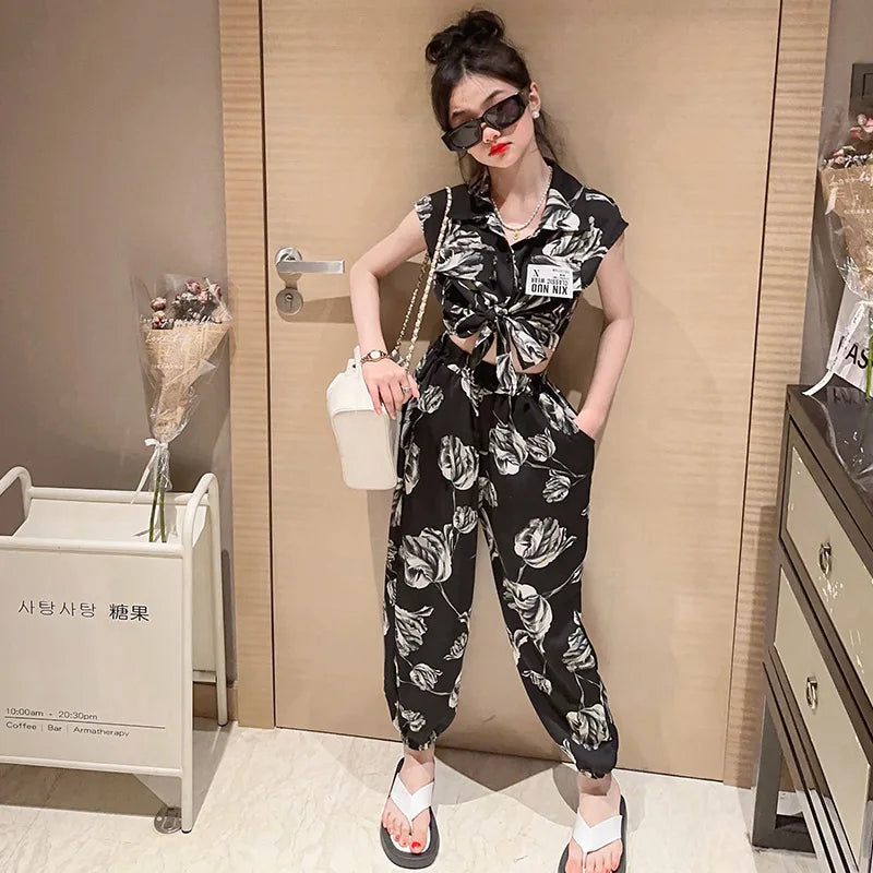 Summer  Baby Girls Clothes Sets Print Pattern Outfits Kids Clothes Shirt +Pants Children Clothing Set 5 6 7 8 9 10 11 12 Yrs