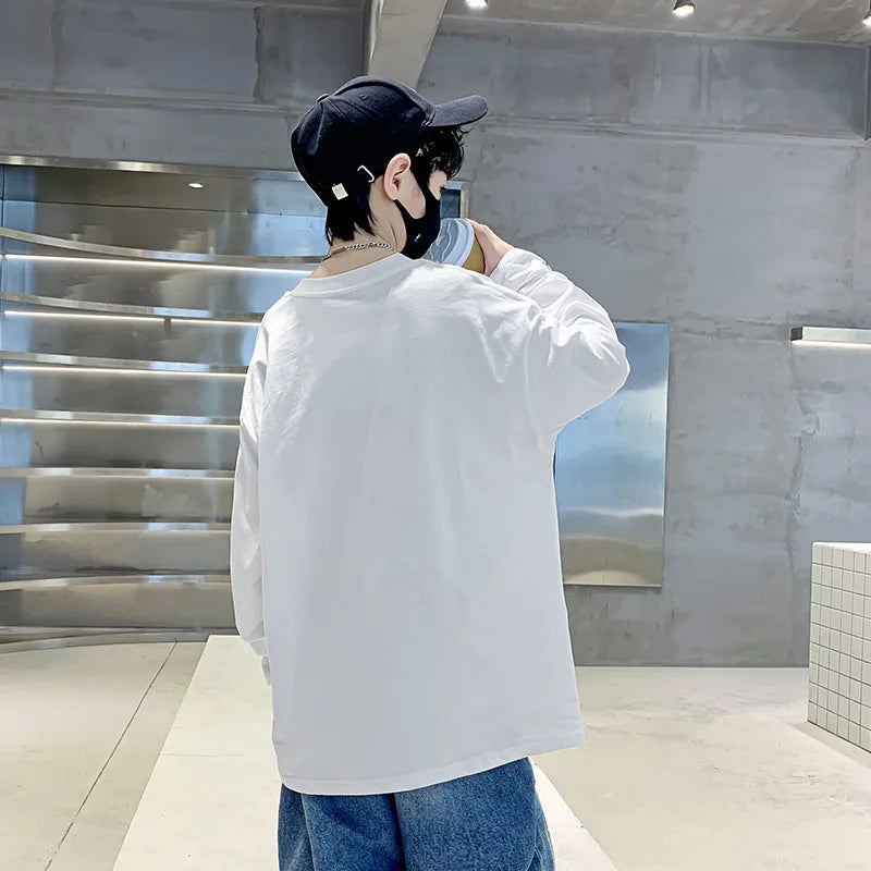 Spring Teenage Boys Long Sleeve Cotton Tshirt For School Kids Casual White T-shirt For 5 6 7 8 9 10 11 12 13 14 Years