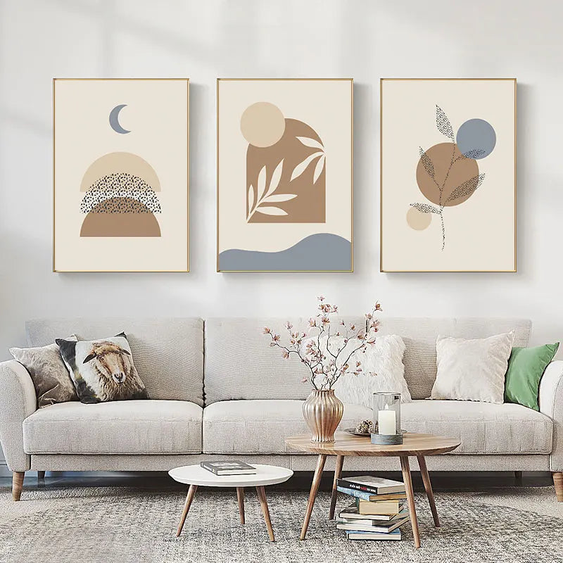 Geometric Leaves Moon Beige Boho Canvas Painting Print Abstract Wall Decorative Posters for Living Room Home Decor Art Picture