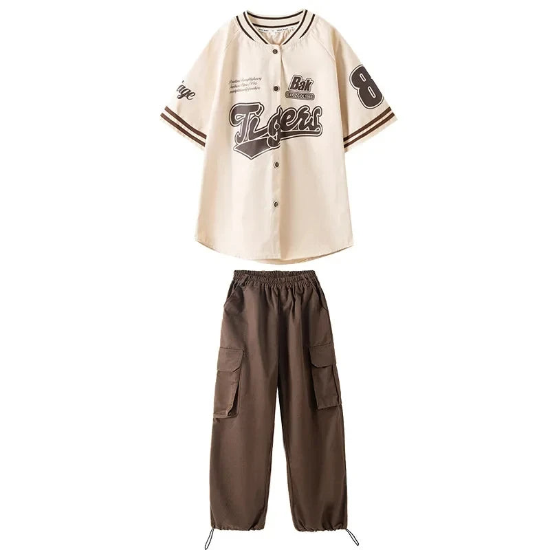 Girls Hip Hop Cool Shirt Costumes Boys Street Dance Cargo Pants Child Baseball Jacket Streetwear Kids Jazz Joggers Clothes Sets