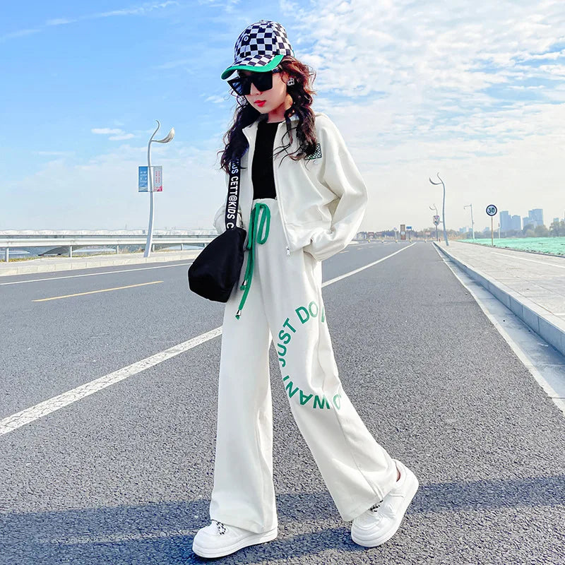 New Girls Letter Teen Casual Clothes Set two piece Jacket Jogger Pants Suits Grey Color Children Suits