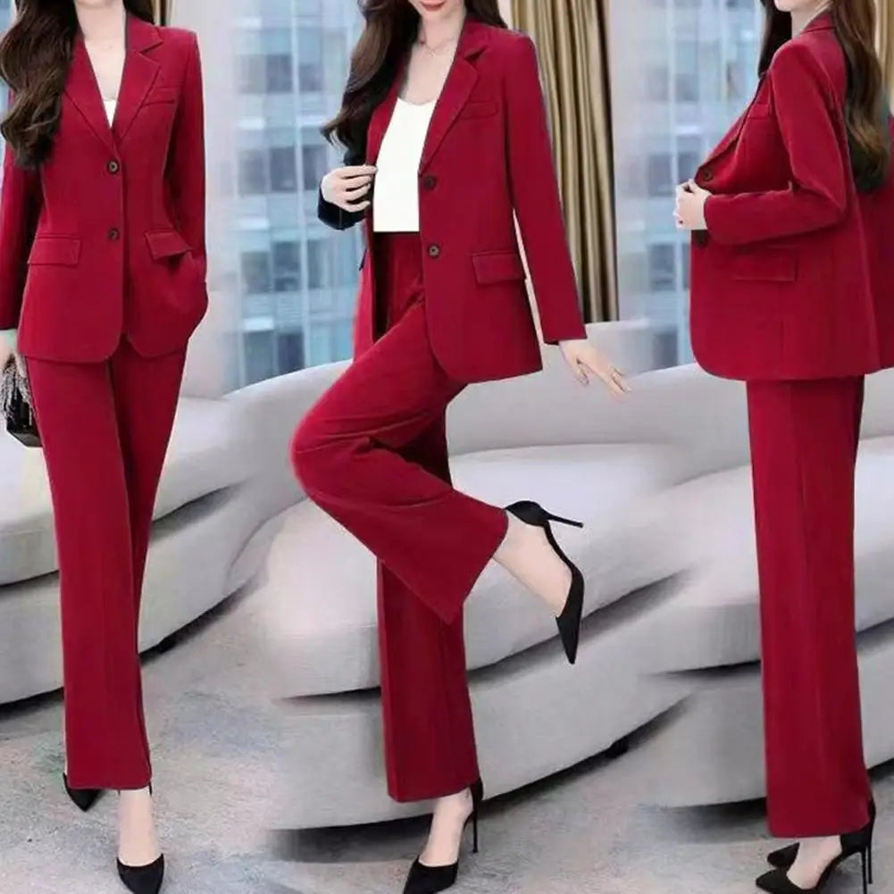 Women  Suits Fashion Single Buttons Business Blazer Solid Casual Coat Trousers 2 Pcs Set  Wear Wide-Leg Pants