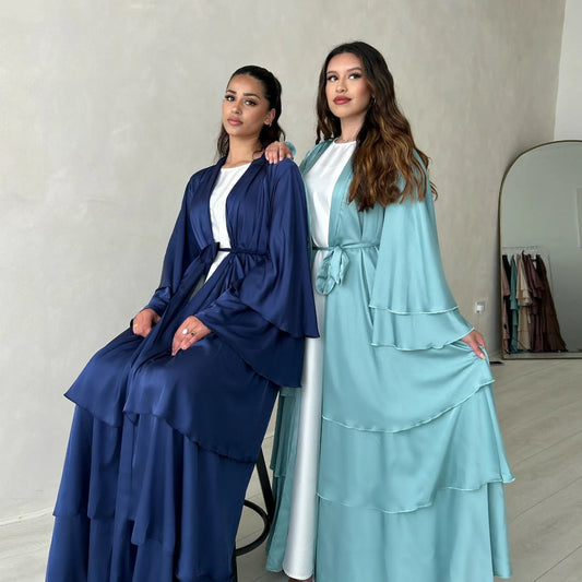High Quality Satin Kimono Muslim Cardigan Abayas Cake Maxi Long Dress Women Casual Silk Islamic Robe Ruffle sleeve Dress