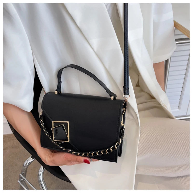 Women Square Shoulder Bag Chain Handle Small Handbags Solid Pu Leather Crossbody Bags Western Style Casual Messenger Bag