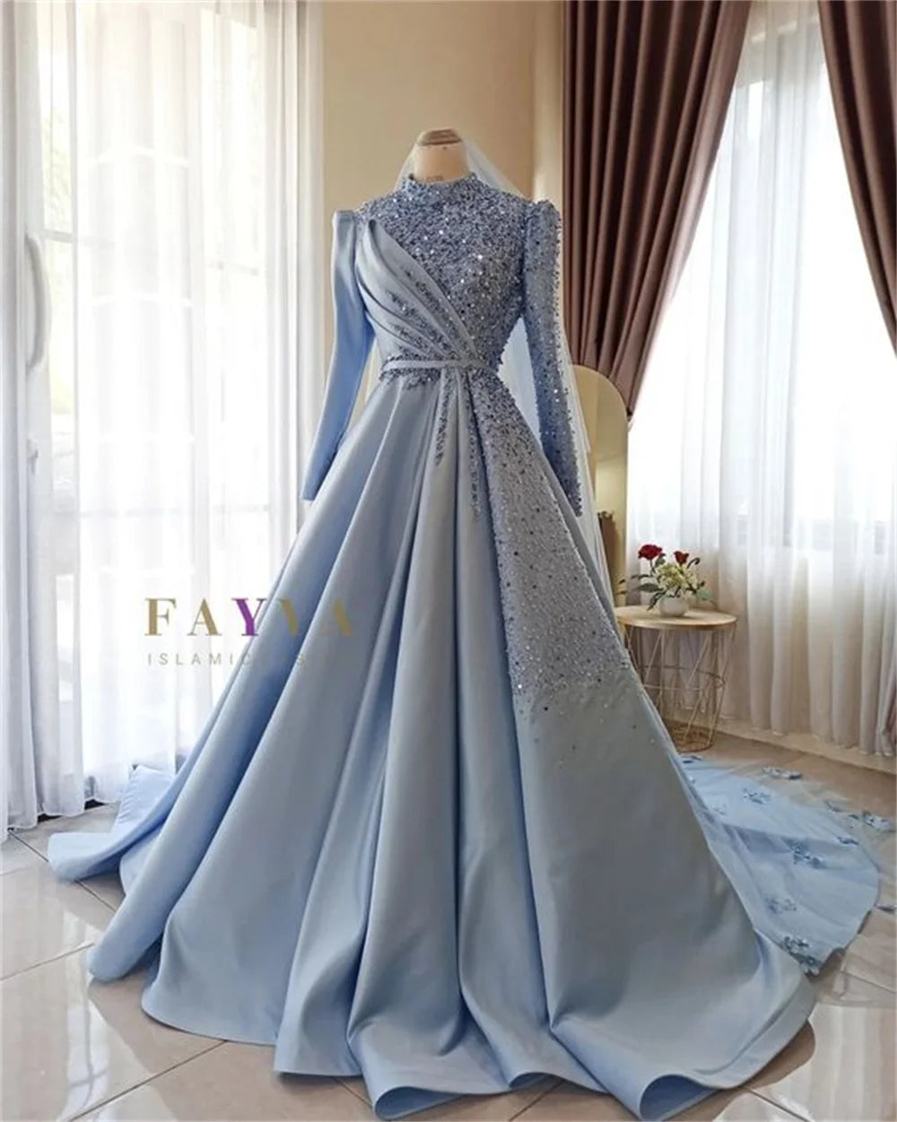 woman Luxury High Neck A-line Wedding Dress Shiny Sequins Long Sleeves Empire Waist Satin robes de soirée