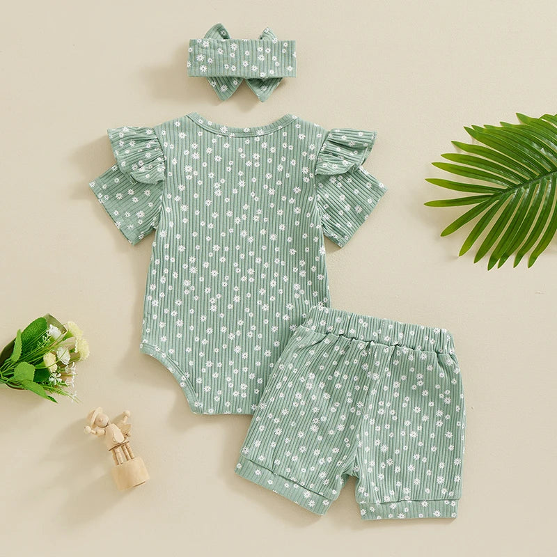 Baby Girls Shorts Outfits Floral Print Short Sleeve Romper with Shorts and Heaband 3Pcs Summer Set