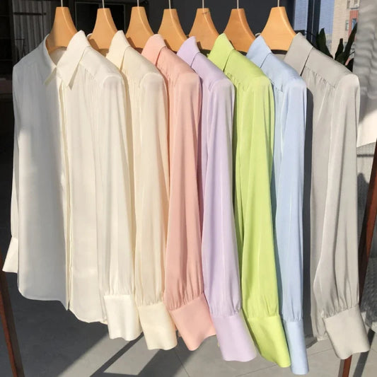 Simple and Smooth Double Satin Shirred Silk Long-sleeved Shirt Women
