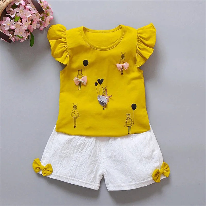 Summer Two Piece Girl Clothes Set Baby Outfit Ruffle Short Sleeve T-shirt Pant 2Pcs Suit Lovely Bow Children Casual Costume