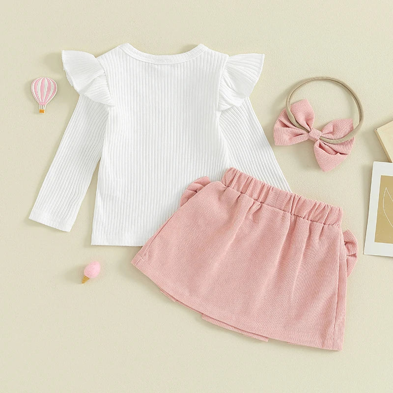 Toddler Baby Girl Outfit Flying Sleeve Ribbed Sweatshirt Corduroy Skirt Headband Set Infant Fall Outfits