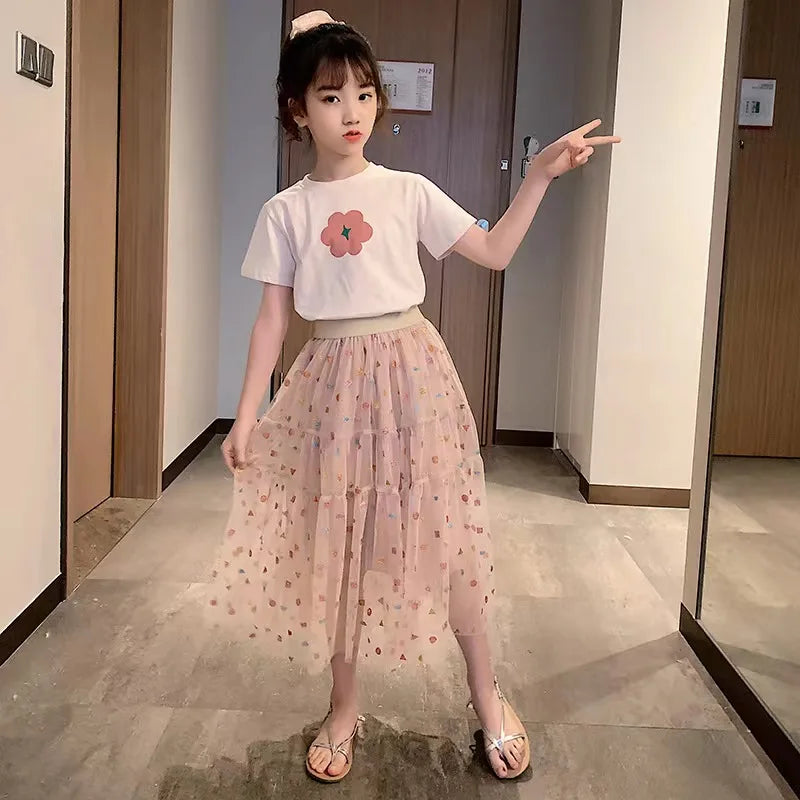 Fashion Girls Dress Summer Kids T-shirt + Dress 2PCS School Casual Children Short Sleeve Dresses For Girl Teen
