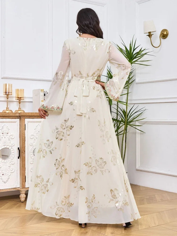 Moroccan Party Dress for Women Muslim Kaftan Belted Embroidery Abaya Ramadan Jalabiya Eid Wedding Evening Dresses Abayas Caftan