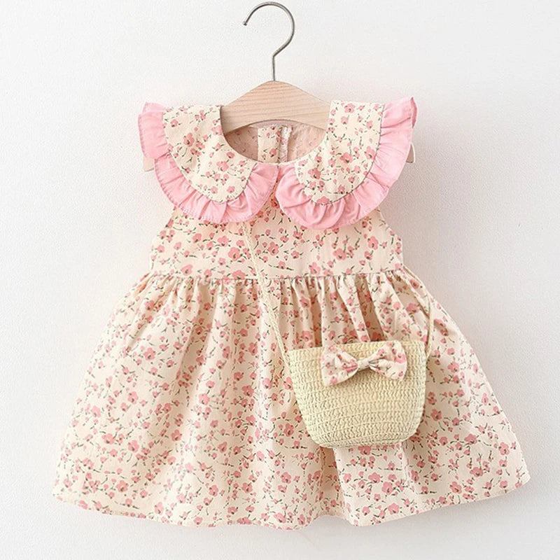 Summer 2Piece Outfit Infant Baby Girl Princess Beach Dress+Bag Cute Print Cotton Sleeveless Toddler Baby Girl Clothes Set