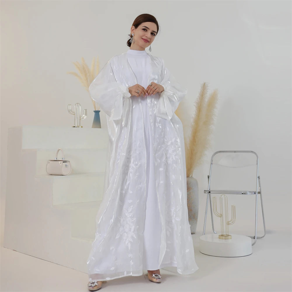White Embroidery Shiny Women Muslim Open Abaya Maxi Dress Kaftan Kimono Puff Sleeve Gown Jalabiya