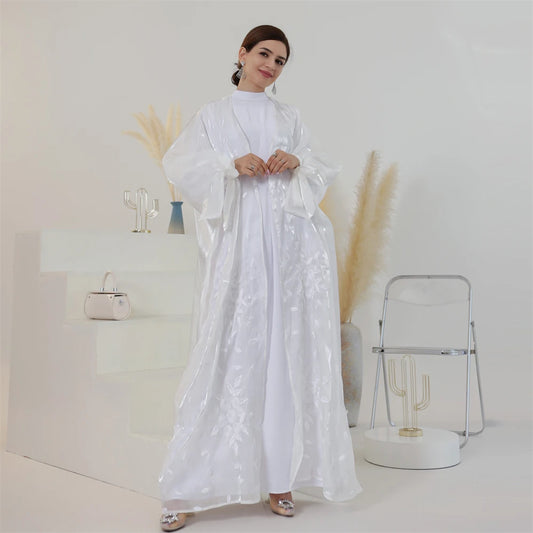 White Embroidery Shiny Women Muslim Open Abaya Maxi Dress Kaftan Kimono Puff Sleeve Gown Jalabiya
