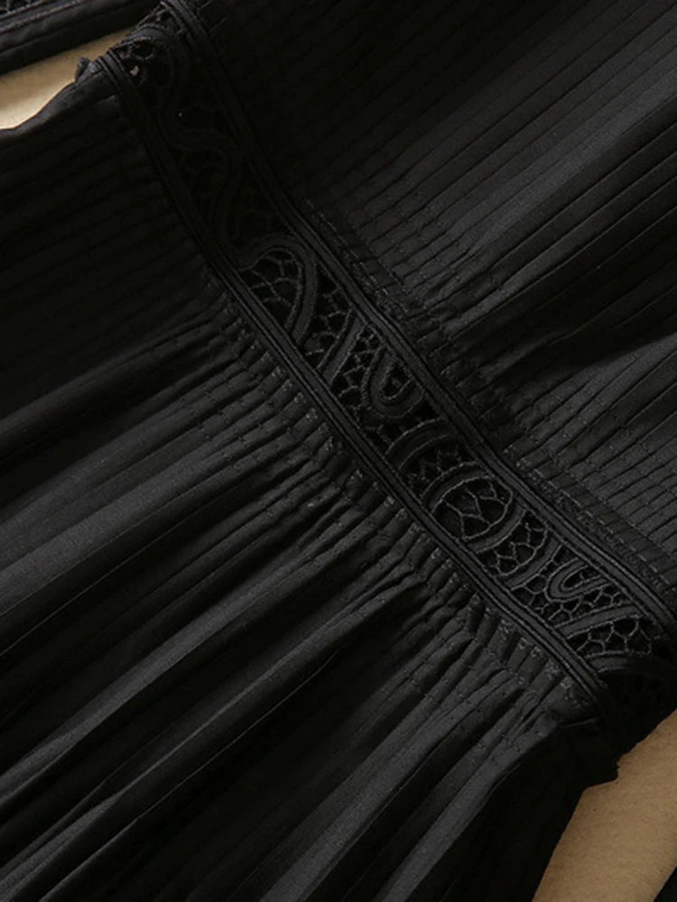 Solid Pleated Patchwork Jacquard Dresses For Women Round Neck Long Sleeve High Waist Dress Female Spring  New