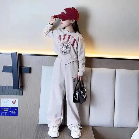 autumn kids Girls Clothes Suit Child irregular letters sweatshirt t-shirt + straight loose pant Tracksuit 8 9 10 11 12 year
