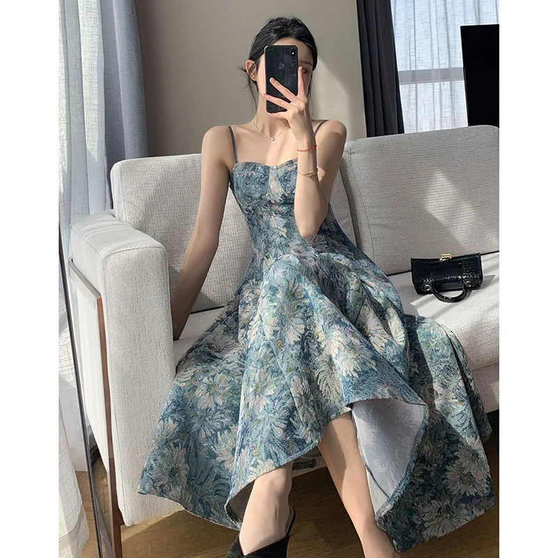 Elegant Floral Dress Women Sexy Sleeveless Strap Midi Dress Korean Casual Slimming Waist Party Camisole Dress Summer New
