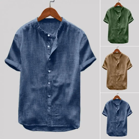 Skin-friendly Casual Short Sleeve Linen Buttons Cotton Solid Color Loose Men Comfortable Shirt Skin-friendly Down Beach Shirt to