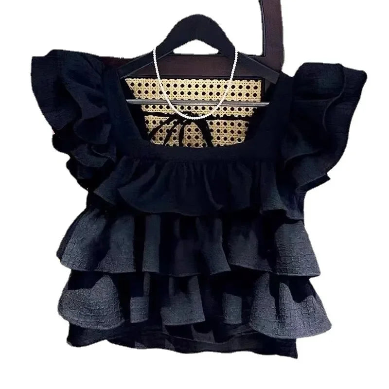 Girls Tops Vest Summer New White Ruffles Sleeveless Short Shirt Teens Kids Clothes Children Beach Hooliday Blouse