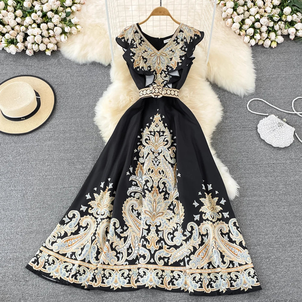 Vintage Women Midi Dress White Floral Printing Ruffles Flying Sleeve Boho Female Elegant Party Evening Vestido Diseñador Lujo