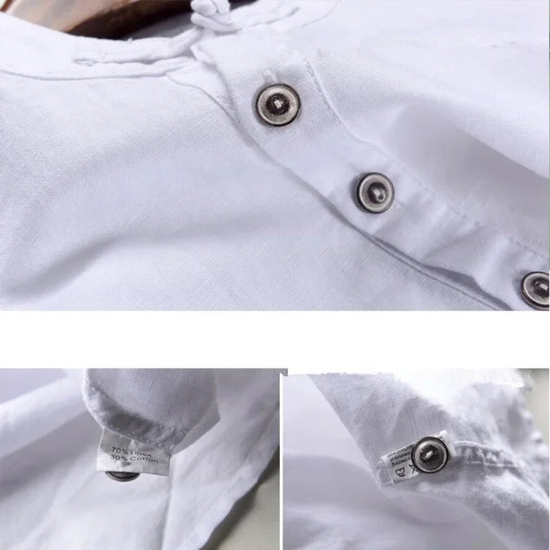Men Casual Cotton Linen Shirts Autumn Brand Short Sleeve Shirt Mandarin Collar Solid Color Retro Shirt Tees