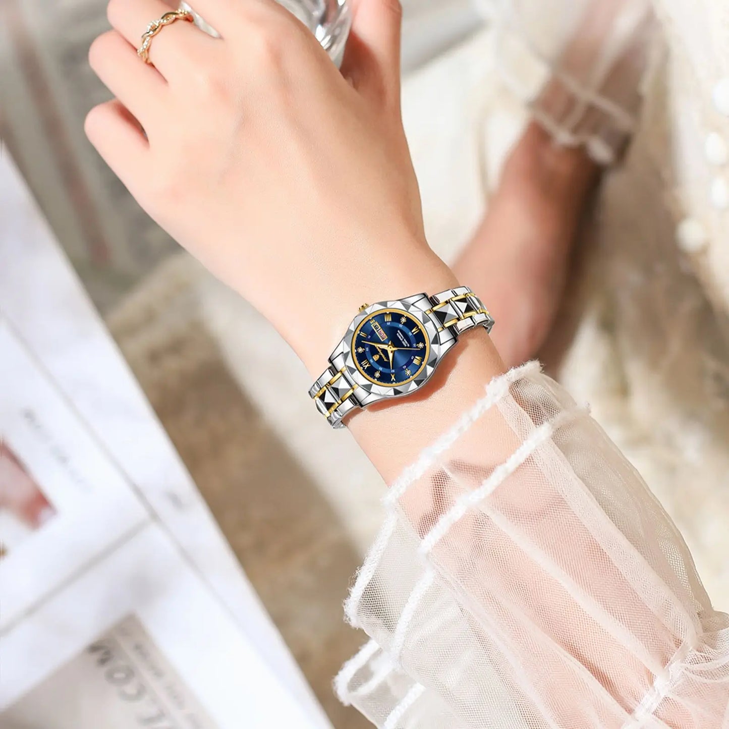 Ladies Dress Watch Luminous Waterproof Week Date Woman Wristwatch Stainless Steel Women Quartz Watches  Luxury