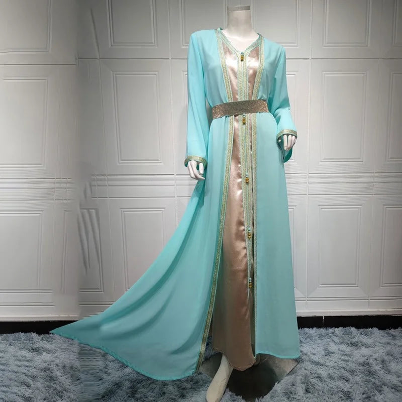 Modest Muslim 2 Pieces Abaya Dress Set for Women Autumn Jalabiya