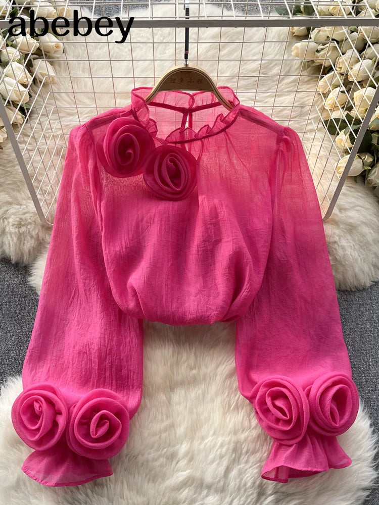 Ruffle Chiffon Blouse Summer Women Lantern Sleeve Fashion Loose Vacation Ladies Casual Chic Tops