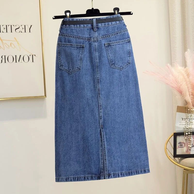 High Waisted Skirt Women's Summer Over The Knee Casual Skinny Denim Skirt Slit Mid-Length Skirt A Line Skirts