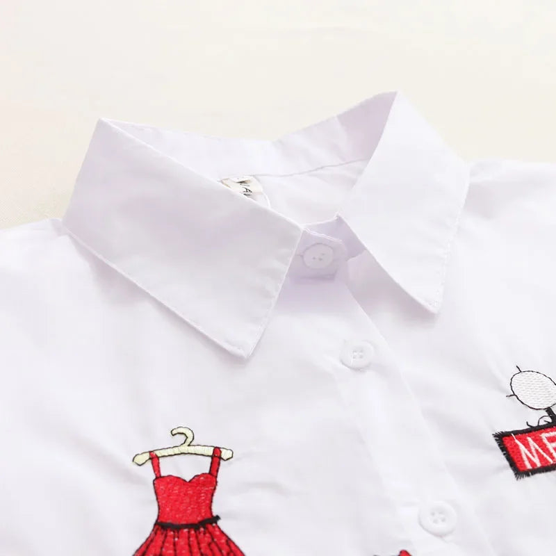 White Women Blouse Long Sleeve Cotton Embroidery Blouse Lady Casual Button Design Turn Down Collar Female Shirt