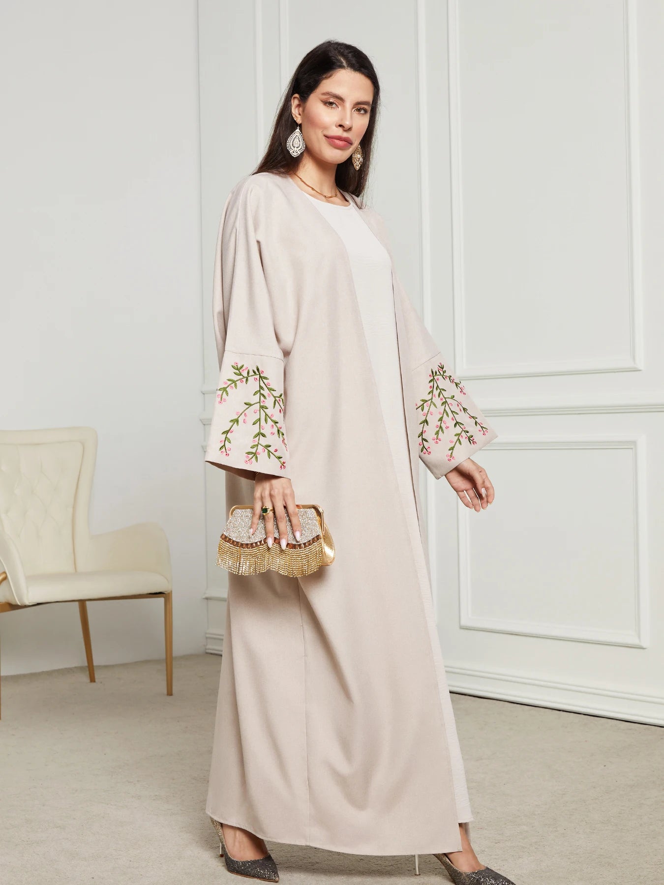 Open Kimono Abaya For Muslim Women Shalwar Kameez Jalabiya Embroidery Long Sleeve Robe
