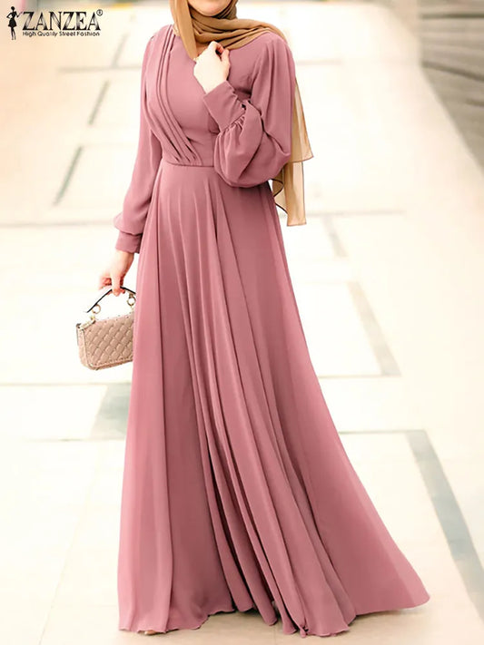 Women Spring Sundress  Vintage Solid Muslim Dress Casual Abaya Marocain Turkish Robe Femme Lantern Sleeve Maxi