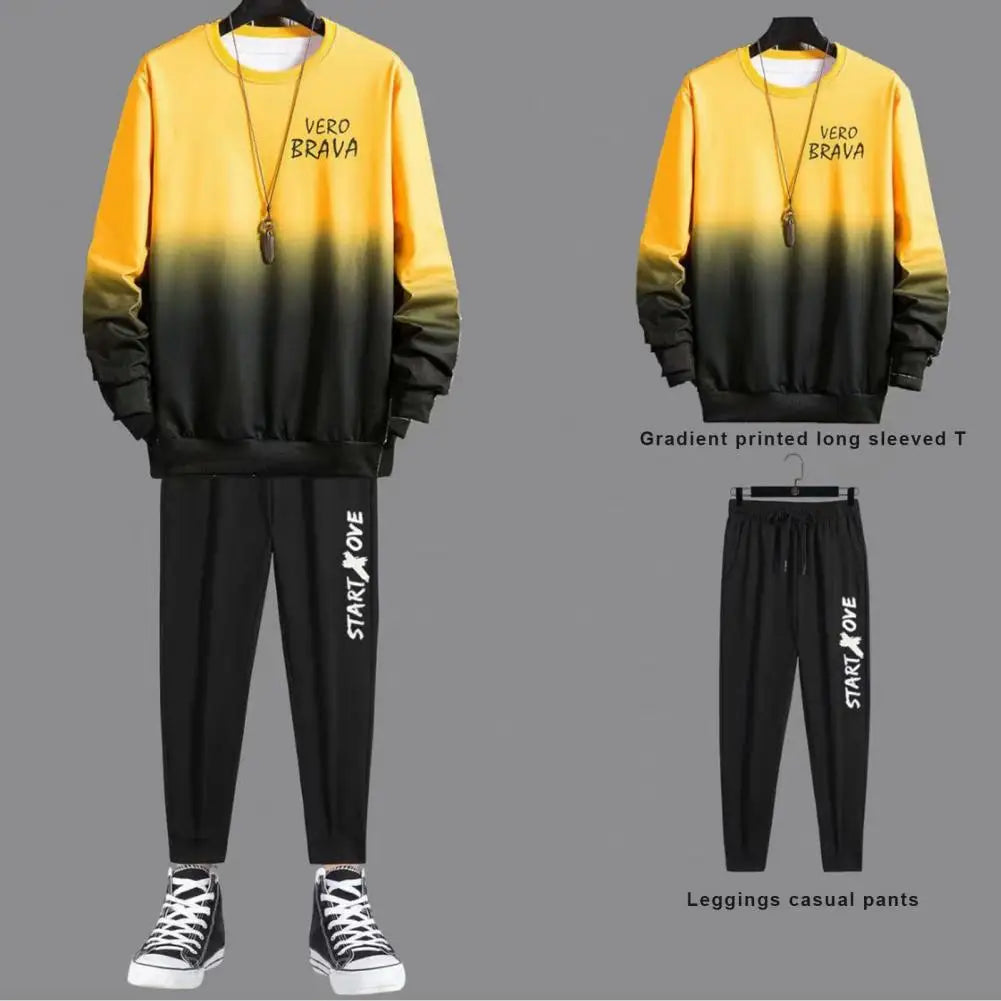 Men Suit with Long Sleeve Top Men Two-piece Suit Elastic Waist Pants Men's Gradient Contrast Color Tracksuit Set for Hop Sports