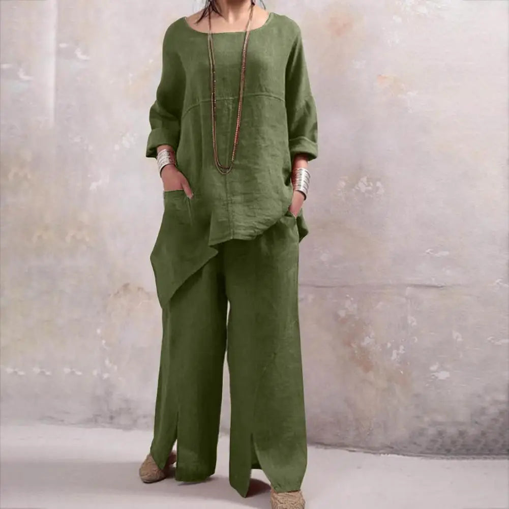 Loose Fit Pants Suit Stylish Women's Top Pants Set with Irregular Hem Wide Leg Trousers Soft Breathable Fabric 2 for Comfort