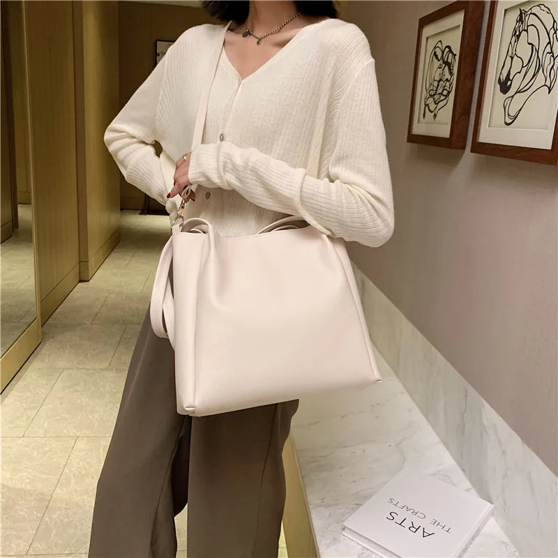 Simple Women Bucket Shoulder Bags New Solid Color Handbags Retro Large Capacity Tote Bags Large Capacity Pu Leather Bags