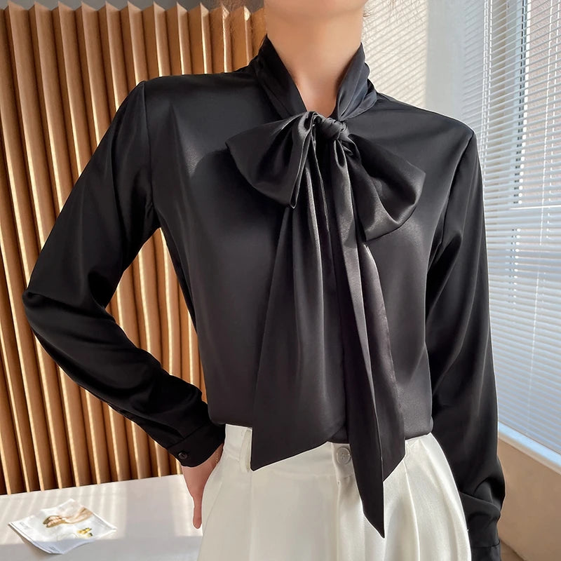 Ladies Fashion Long Sleeves Butterfly Bow Tie Blouse Solid Color Silk Satin Shirt Thin Casual Tops Women