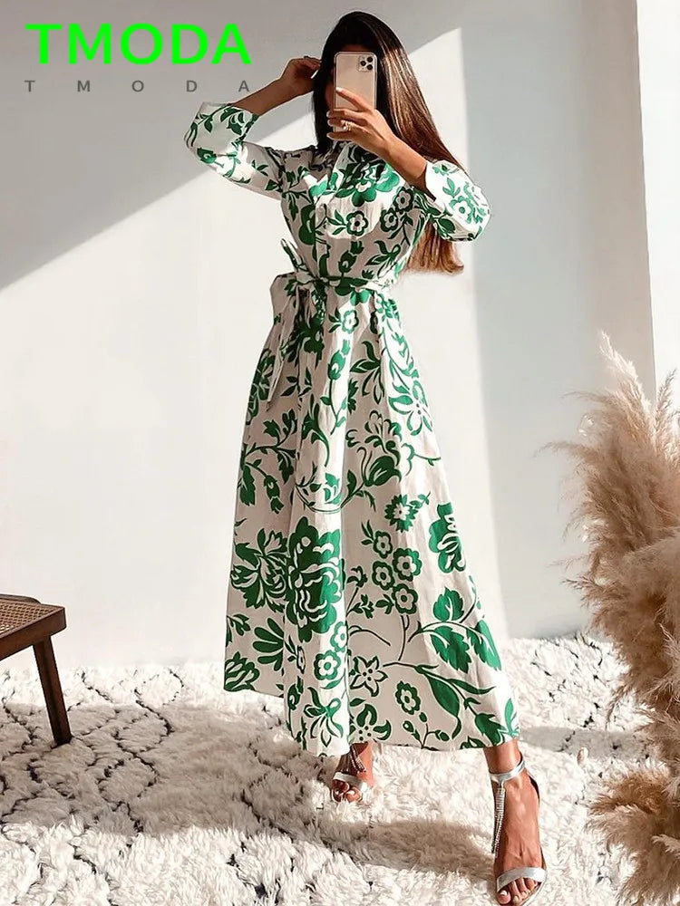 Women Green Floral Midi Dress With Belt Vintage Three Quarter Sleeve Dress Female Outwear Vestidos
