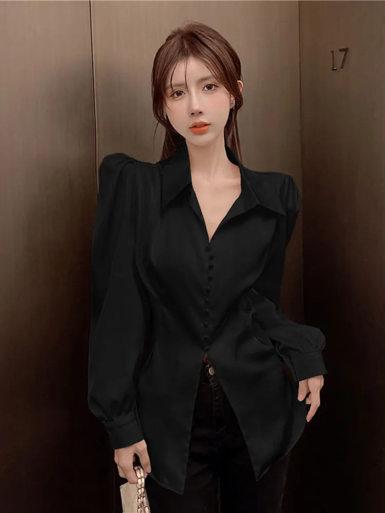 Women Back Bow Elegant Puff Sleeve Shirt Fashion Slim Casual Blouse Korean Hollow Out Turn Down Collar Tops