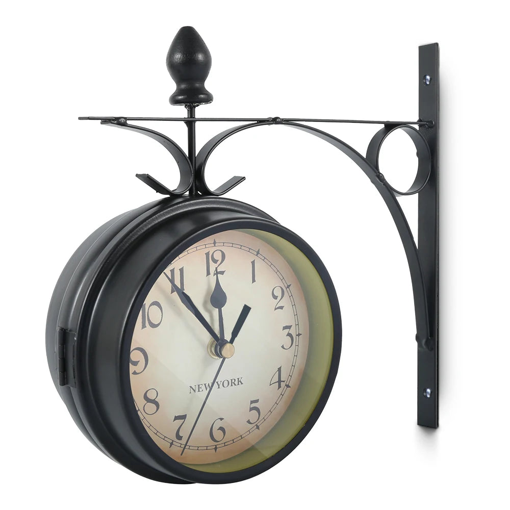 Wall Clock Retro Double-Sided Station Clock Battery Operated Silent Clock with Wall Mounting Kit Antique Wall Clock for Home