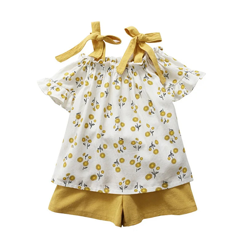 Summer Casual Girls Clothing Sets Kids Clothing Sets Sleeveless Floral T-shirt + Shorts Pants 2Pcs Suit Bow Children Girl Suit